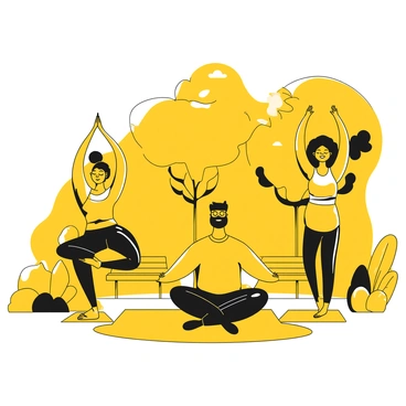 A group of diverse individuals practicing yoga in a park. There are three people, one is a woman with her hair in a bun, wearing a yellow tank top and black leggings, performing a tree pose. Another person is a man with a short beard, wearing a yellow t-shirt and black shorts, sitting cross-legged in meditation. The third person is a woman in a yellow sports bra and black capris, stretching her arms in the air. Lush greenery surrounds them, with several trees and a few benches in the background. A gentle breeze can be seen rustling the leaves.