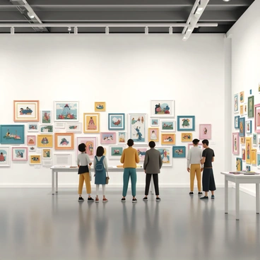 A large exhibition hall filled with vibrant illustrations created by diverse artists, each piece showcasing elements of their unique heritage. The walls are adorned with colorful artwork, depicting various cultural symbols, traditional clothing, and scenes from daily life across different cultures. In the foreground, a group of people of various ethnicities is gathered, discussing the art and sharing stories behind the illustrations. There are tables displaying artist biographies and information about the cultural significance of their work. Soft lighting highlights the artwork, creating an inviting atmosphere for visitors to explore and appreciate the rich diversity represented in the art pieces.