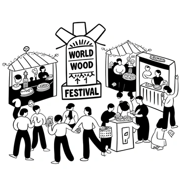 A bustling street food fair with various vendors showcasing their unique dishes. Stalls adorned with banners display a range of international cuisines. People crowd around, eagerly sampling foods from different cultures. A vendor is grilling skewers of meat, while another is preparing fresh spring rolls. Tables are filled with colorful plates of food, and the aroma of spices fills the air. A large sign in the center reads "World Food Festival," surrounded by decorations that represent different countries.