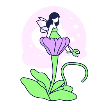 A tiny fairy is sitting delicately on a moonflower, which is fully bloomed and vibrant. The fairy has translucent wings that shimmer slightly, reflecting the soft glow of the moonlight. She is wearing a dress made of petals and leaves, intricately detailed and blending with the flower's colors. The moonlight casts gentle shadows around her, creating a serene atmosphere. The moonflower has long, slender stems and lush green leaves that cradle the fairy. In the background, soft outlines of night sky and faint stars enhance the magical setting.