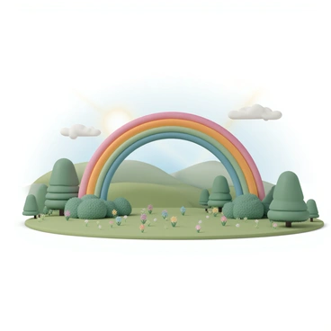 A vibrant rainbow, displaying a spectrum of colors, arches gracefully over a lush green landscape. The landscape features rolling hills with dense, vibrant grass and a variety of trees with rich green foliage. In the foreground, small colorful wildflowers are blooming, adding pops of color to the scene. The sky is slightly cloudy, with hints of sunlight breaking through, illuminating the rainbow and casting a soft glow over the landscape.