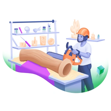 An artist wearing safety gear is operating a chainsaw, shaping a large, rough log into a sculpture. The log is positioned on a sturdy workbench surrounded by wood shavings. The artist is focused, with a determined expression, as they carefully carve out details from the log. In the background, there are tools and finished wooden sculptures displayed on shelves, showcasing the artist's skill and creativity.