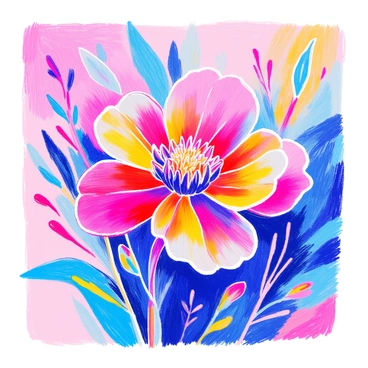An abstract flower with petals in a spectrum of rainbow colors is centered within the image. The petals are shaped in smooth, swirling forms, blending seamlessly from red to violet. The flower's center is a rich, deep yellow. Surrounding the flower are delicate green leaves that contrast beautifully with the vibrant colors. The background is filled with soft, flowing lines that enhance the overall colorful composition.