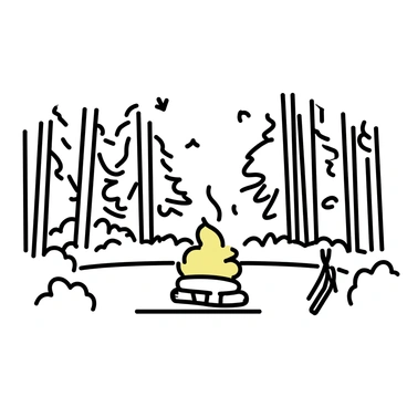 A dense forest with tall trees and thick underbrush surrounds a small clearing. In the center of the clearing, a group of logs is neatly arranged in a circular pattern, ready for a fire. Several sticks are placed alongside the logs, indicating preparation for lighting the fire. Sunlight filters through the leaves, casting dappled shadows on the ground. The atmosphere is quiet, with only the sounds of rustling leaves and distant bird calls.