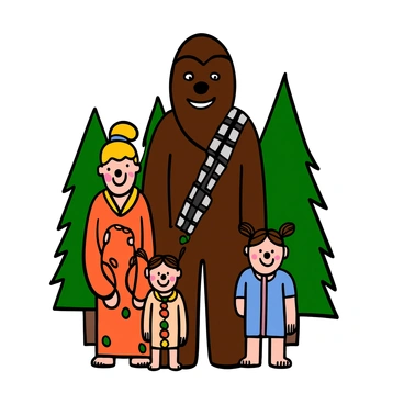 A portrait of Chewbacca, a tall Wookiee with dark brown fur and a distinctive bandolier across his chest. He is standing proudly in the center, surrounded by his Wookiee family, each wearing traditional Wookiee attire. To his left, there is a female Wookiee with a flowing dress made of natural fibers and intricate patterns, and to his right, two young Wookiees, one wearing a small tunic and the other in a playful outfit with colorful accents. They all have expressive features and are smiling, showcasing the strong bond of family. The background is a simple depiction of a Wookiee forest setting, adding a sense of home to the scene.
