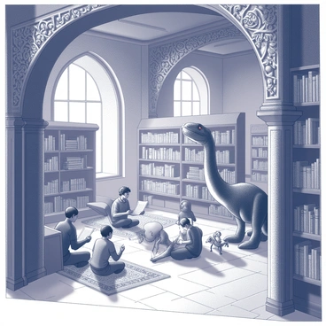 An ancient library with tall, wooden shelves filled with scrolls and books. In the center of the room, a group of humans sits on ornate rugs, deeply engaged in reading and discussing the scrolls. Nearby, a large dinosaur, resembling a Brachiosaurus, leans down curiously to examine a scroll held by a human. Another smaller dinosaur, similar to a Velociraptor, stands beside a human, peering at a manuscript on a table. Soft light filters in through large, arched windows, casting shadows across the stone floor. The atmosphere is one of collaboration and discovery, with intricate carvings on the wooden beams above, depicting various scenes of knowledge and learning.