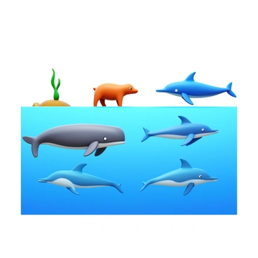A 3D icon depicting "prehistoric land-dwelling mammals" transitioning to "whales and dolphins". The scene shows a "land mammal" with legs gradually morphing into "fins" and a "streamlined body". "Whales" and "dolphins" are depicted in a swimming posture, showcasing their "smooth skin" and "flippers". The background highlights elements of both "land" and "water", emphasizing the evolution from one habitat to another.