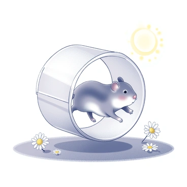 A small hamster is energetically running inside a transparent exercise wheel. The wheel is situated on a grassy patch under a bright shining sun. The hamster has soft fur and an expression of delight as it dashes in the wheel. Surrounding the wheel, there are a few scattered daisies, adding a touch of natural beauty to the scene. A clear blue sky is visible above, enhancing the cheerful atmosphere of the outdoor setting.