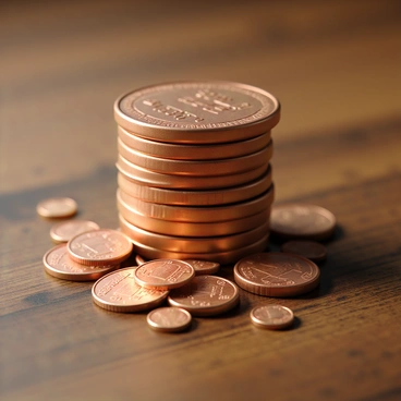 A close-up view of a stack of shiny copper pennies with reflective surfaces, glistening under soft light. The pennies vary slightly in size, showcasing their distinct designs and engravings. The wooden table has a rich texture with visible grains and knots, adding warmth to the composition. There are several scattered pennies around the stack, emphasizing the accumulation effect. The background is softly blurred, directing focus to the stack of coins.