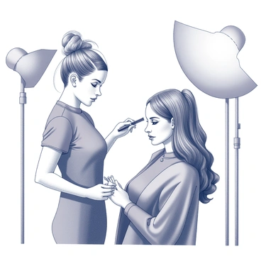 A stylist stands beside a model, carefully manipulating the model's hair. The model has a confident expression, while the stylist uses a comb and various styling tools. The hairstyle is intricate and elaborate, featuring unique shapes and textures that defy conventional designs. The stylist is focused, adjusting a section of hair that flows dramatically, while other parts are twisted and pinned in place. The environment is set up with professional photography equipment in the background, highlighting the fashionable nature of the photo shoot.