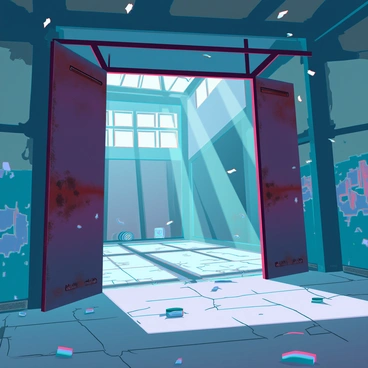 An abandoned warehouse with large, rusted metal doors slightly ajar. Inside, the floor is covered with scattered debris and remnants of old machinery. Dust particles dance in the air, illuminated by beams of light streaming through broken, shattered windows. Sunlight filters in at angles, creating stark contrasts of light and shadow across the cracked concrete floor. The walls are lined with peeling paint and graffiti, adding to the scene's atmosphere of neglect. Faded remnants of once-vibrant colors can be seen in patches, hinting at the warehouse's former use.