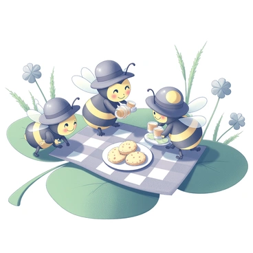 A group of three cartoon bees is gathered on a large green clover leaf. The bees have happy expressions and are wearing tiny hats. One bee is laying out a checkered picnic blanket on the leaf, while another is pouring honey from a small jar into little cups. The third bee is holding a plate filled with flower-shaped cookies. Surrounding the picnic scene are various clover flowers and tall grasses, adding to the vibrant atmosphere of their gathering.
