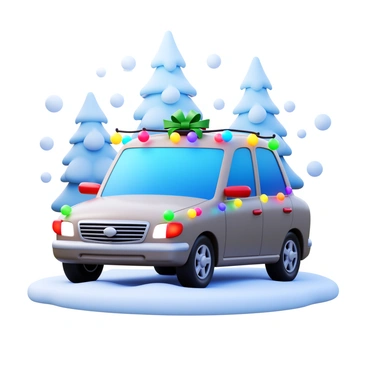 An Uber car decorated with festive holiday lights and ornaments in a winter setting