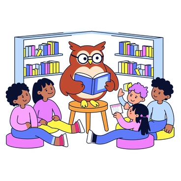 A wise owl mascot with round glasses is perched on a wooden stool in a cozy library corner. The owl has soft brown feathers with speckles of white and large, expressive eyes. Surrounding the owl are eager children, sitting on colorful cushions in a semi-circle. The library corner is filled with shelves of books, some stacked high and others neatly organized. A soft, warm light illuminates the space, casting gentle shadows. The owl is holding a large book open, with the pages filled with vibrant illustrations, as it reads aloud to the attentive kids.