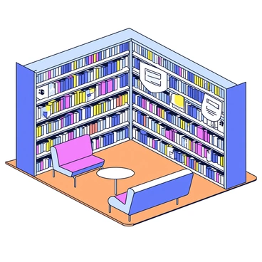 A modern library with tall, sleek shelves filled with various books. Each shelf is equipped with digital AI screens that display the covers and information of the books. The screens are brightly lit and positioned at eye level. There are comfortable seating areas with minimalist chairs and small tables for reading. The floor is polished wood, and large windows let in natural light, creating a welcoming environment.