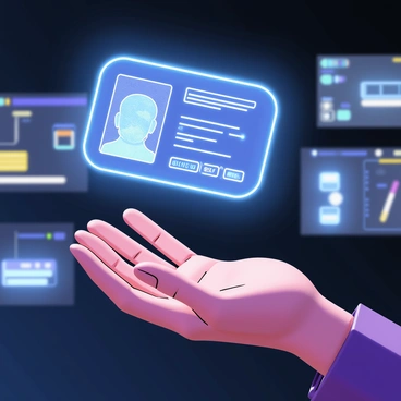 A futuristic holographic ID card with a glowing blue edge is floating above a person's hand. The card displays various digital details, including a shimmering photo and a unique identification code. The person's hand is positioned palm up, with fingers slightly curled. In the background, a high-tech setting features sleek machinery, glowing screens, and soft neon lights, emphasizing the advanced technology surrounding the scene.