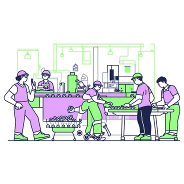 Inside a factory, a long assembly line is filled with workers crafting carabiners. The workers are wearing safety goggles and uniforms, each focused on their task. On the conveyor belt, shiny metal carabiners are moving along as they are being assembled. One worker is applying a finishing touch, while another inspects the quality of the carabiners. Various tools and equipment are visible on the workstations, including a large machine for cutting metal and a rolling cart filled with raw materials. Overhead, the factory lights illuminate the space, creating a busy, industrious atmosphere.