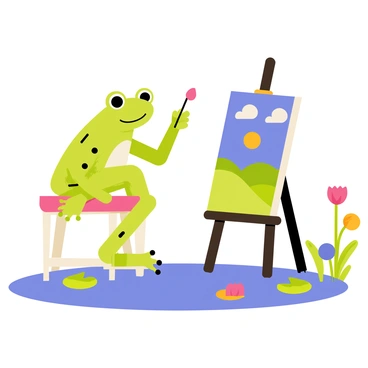 A green frog with large eyes is perched on a small stool beside a tranquil pond. The frog holds a paintbrush in one hand, dabbing vibrant colors onto a canvas set on an easel. The canvas displays a bright landscape, featuring rolling hills, a blue sky, and fluffy white clouds. Nearby, colorful flowers bloom along the pond's edge, and lily pads float on the water's surface. The scene is filled with a sense of creativity and nature.