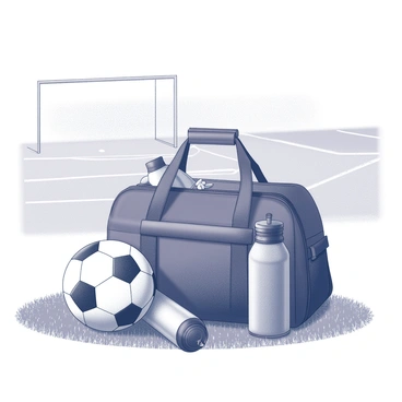 A sports kit bag placed on a soccer field. The bag is open and contains various sports gear. Next to the bag is a classic black and white soccer ball resting on the grass. Also beside the bag is a water bottle lying on its side, with droplets of water visible on its surface. The soccer field is marked with white lines and goalposts can be seen in the background.