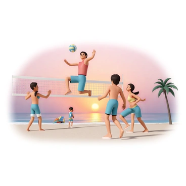 A group of four teenagers, two boys and two girls, playing an energetic game of beach volleyball on a sandy beach. The boys are wearing bright blue shorts and red tank tops, while the girls are dressed in colorful bikinis and matching board shorts. One boy is jumping high in the air, reaching for the ball, while another boy prepares to serve from the side. One girl is positioned near the net, ready to block, and the other girl is running toward the ball with an excited expression. The sun is setting in the background, casting vibrant orange and pink hues across the sky and reflecting on the water. The beach is dotted with a few palm trees and beach towels, adding to the lively atmosphere.