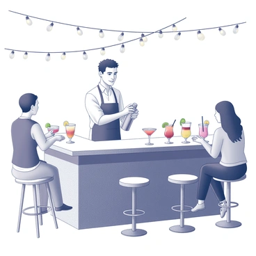 A bartender is standing behind an outdoor bar, expertly shaking a cocktail shaker. The bartender is wearing an apron and has a focused expression while mixing a drink. Several colorful cocktails are lined up on the bar in front of him, each garnished with fruits and decorative elements. Customers are seated at the bar, enjoying their drinks and engaging in conversation. The setting features a vibrant atmosphere, with decorative lights strung above the bar area creating an inviting ambiance. The scene conveys a lively social environment.