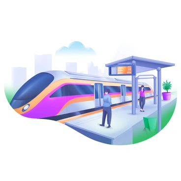 A sleek, modern express metro train is zooming past a local station without stopping. The train features a shiny metallic exterior with vibrant colors, creating a striking visual. In the foreground, blurred figures of passengers waiting on the platform can be seen, emphasizing the speed of the train. The local station is depicted with a small shelter, a digital display board showing train times, and a few potted plants. The background includes a clear blue sky and a hint of urban buildings, indicating the bustling environment.