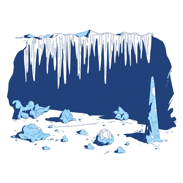 A duotone illustration features an underground cavern with an intricate natural mantle of stalactites hanging from the ceiling. The stalactites vary in size and shape, glistening with moisture. Along the cavern floor, there are numerous mineral formations, including sharp crystalline structures and rounded formations that reflect light. The overall landscape is expansive, with shadows creating a sense of depth and mystery in the underground environment.