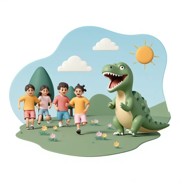 A friendly T-Rex, with bright green scales and a big, cheerful smile, is playfully chasing after children in a sunny park. The park is filled with lush green grass and colorful flowers blooming. Several children, wearing colorful t-shirts and shorts, are laughing and running away from the T-Rex. One child, wearing a red shirt and blue shorts, looks back with a big grin, while another child, in a yellow shirt and pink shorts, is crouched down to hide behind a tree. The sun is shining brightly, casting warm light over the scene, with a few fluffy clouds in the blue sky.