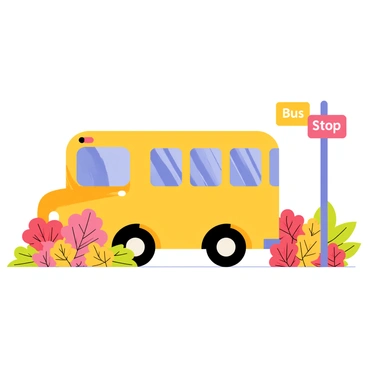 A mini school bus with a bright yellow exterior is parked at a bus stop sign. The bus features large windows and a friendly, cartoonish design. Surrounding the bus is a vibrant array of blooming flowers in various colors, including red, pink, and yellow. The flowers are lush and full, creating a cheerful environment. The bus stop sign stands tall, displaying its message clearly. The scene captures a sunny day, enhancing the cheerful atmosphere.