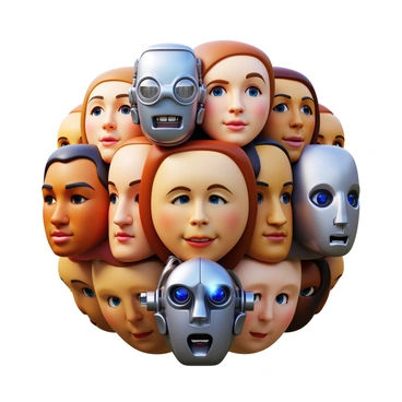 A collage featuring a variety of human faces and robot faces seamlessly blending together. Each human face displays unique traits, such as different skin tones, hair styles, and expressions. The robot faces incorporate metallic textures, LED lights, and intricate mechanical details. The composition showcases a harmonious integration of organic and synthetic features, with some faces partially morphing into one another. The overall arrangement creates a visually striking contrast between human emotions and robotic precision.