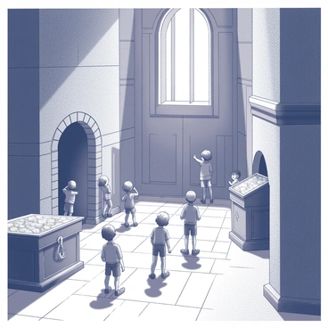 A group of children is exploring a grand, old castle. The castle features tall stone walls, intricate archways, and large wooden doors. The children are scattered throughout a spacious hall, examining various artifacts and treasures displayed on ancient stone pedestals. Some children are peering into shadowy corners, revealing the entrance to a secret passage. Others are crouching in front of a large, ornate chest, filled with gold coins and sparkling jewels. Sunlight streams through high, narrow windows, casting patterns on the stone floor. The atmosphere is filled with a sense of adventure and curiosity.