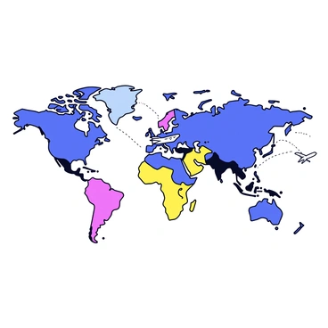 A world map featuring continents and oceans in vibrant colors. Airplanes are illustrated in various sizes flying across the map. Dotted lines connect the airplanes, showing global flight paths that weave around the continents. Each airplane is oriented in the direction of its respective dotted line. The background is a simple, solid color to enhance the visibility of the map and the planes.