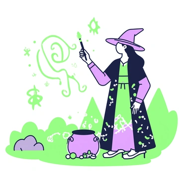 A witch with long flowing hair is standing in an open area surrounded by trees. She is wearing a dark robe adorned with intricate patterns. In her right hand, she holds a brush dipped in glowing ink, and she is painting magical symbols in the air. The symbols shimmer and float as they are created, emitting a soft light. The witch's focused expression reveals her intent as she continues to add to the swirling designs. A small cauldron sits on the ground nearby, with sparkling ingredients scattered around it. A gentle breeze causes her robe to sway slightly, adding a sense of movement to the scene.