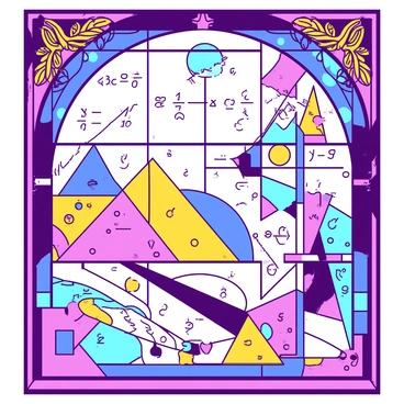 A duotone stained glass window features a vibrant composition of intricate mathematical equations and geometric designs. The equations are carefully arranged in flowing lines, with symbols and numbers interwoven into elegant curves. Various geometric shapes, including triangles, circles, and squares, are depicted in a harmonious layout, complementing the equations. The overall design is framed by a decorative border that enhances the visual impact of the window.