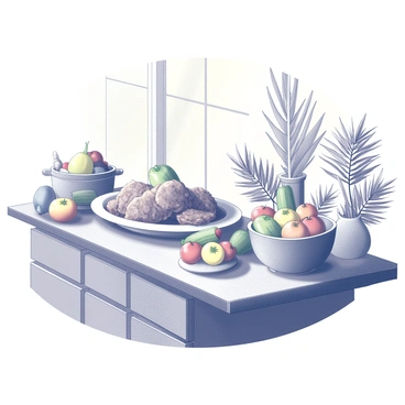 A kitchen interior with a wooden countertop and a variety of ingredients arranged neatly. There are fresh vegetables such as tomatoes and cucumbers, alongside a bowl filled with colorful fruits. In the center, there is a large dish featuring roasted meat. Surrounding the countertop, decorative palm leaves are artistically placed, adding a natural element to the scene. The kitchen has warm light filtering in, highlighting the textures of the ingredients and the polished surfaces.