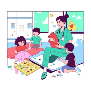 A teal nurse wearing scrubs is sitting on the floor of a bright pediatric ward, surrounded by children. The nurse is smiling and holding a red plush toy, engaging with a group of children who are playing with various toys and games scattered around. There is a yellow game board with colorful pieces in front of them, and a pink stuffed animal rests next to a small child on the nurse's left. Colorful wall decorations and cheerful drawings can be seen in the background, adding to the lively atmosphere of the ward.