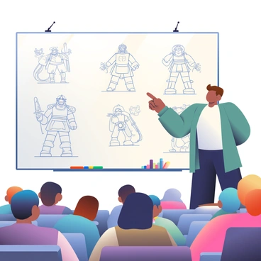 A lecture hall is filled with attendees sitting in rows, focused on the front of the room. A large whiteboard displays various sketches of characters, showcasing different styles and poses. The characters include a tall warrior with a sword, a cute animal companion, and a whimsical wizard with a staff. Colorful markers are scattered across the desk below the whiteboard, suggesting active participation. The lecturer, standing beside the whiteboard, points at the sketches while discussing design elements, such as proportions and personality traits. Soft lighting illuminates the room, highlighting the details of the sketches.