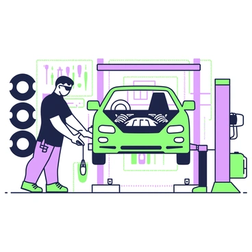 A mechanic is standing next to a car that is elevated on a hydraulic lift. The car has an open hood, revealing a neatly organized engine compartment. The mechanic is wearing a dark-blue uniform and safety goggles. He is holding a wheel alignment tool in his hands, focusing on the front wheels of the car. On the floor, there are markings indicating the alignment specifications. In the background, various tools are hanging on a pegboard, and a tire rack is visible to the side, filled with different sizes of tires.