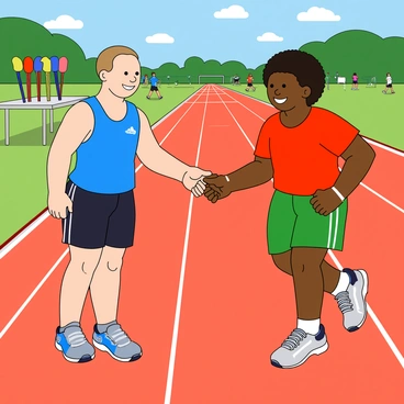 Two friends standing side by side on a bright, colorful track field, both wearing sporty uniforms. The first friend has a short haircut and is wearing a blue tank top and black shorts, while the second friend has curly hair and is dressed in a red t-shirt and green shorts. They are smiling widely as they extend their arms towards each other, preparing to give each other a fist bump. In the background, there are several colorful relay batons resting on a nearby table, and the excitement of other runners can be seen in the distance, warming up and stretching. The sun shines brightly, casting cheerful shadows on the ground.