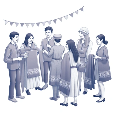 A group of people gathered at a cultural festival. They are engaged in exchanging traditional costumes, showcasing intricate patterns and designs. Some individuals are holding vibrant garments, while others are trying on recently acquired outfits. The atmosphere is lively with expressions of joy and excitement. Various accessories, such as hats and jewelry, are visible, adding to the richness of the cultural attire. The background features festival decorations, enhancing the celebratory environment.