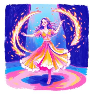 A dancer in a flowing, vibrant costume is performing with flaming poi. The poi are spinning around her, leaving bright trails of fire in the air that create dynamic arcs of light. The dancer has an expression of focus and joy as she moves gracefully on a stage. The scene is illuminated by the glow of the flames, casting flickering shadows in the background. The dancer's hair flows with her movements, and her posture captures the energy of the performance.