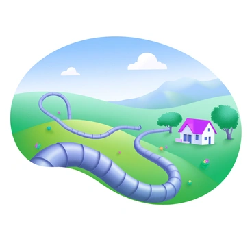 A vast network of pipelines stretching across a rolling countryside landscape. The pipelines are shiny metal, reflecting the sunlight as they wind through lush green fields. In the background, gentle hills rise, dotted with patches of colorful wildflowers. A clear blue sky overhead is adorned with a few fluffy white clouds. Nearby, a small farmhouse with a red roof can be seen, surrounded by trees, adding a rustic touch to the scene.