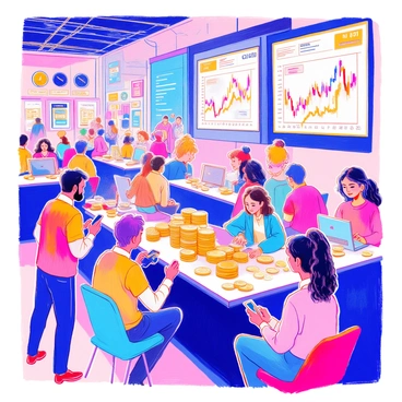 A bustling digital marketplace is filled with various traders actively exchanging cryptocurrency. A central area features large screens displaying fluctuating cryptocurrency prices and trading graphs. Traders of diverse appearances and backgrounds, including a middle-aged man in a blue suit and a young woman with colorful hair, are engaged in animated discussions. Some are using laptops, while others have smartphones in hand, monitoring transactions. Stalls and booths with banners display different cryptocurrencies and digital wallets. The atmosphere is energetic and vibrant, showcasing a modern and fast-paced environment.