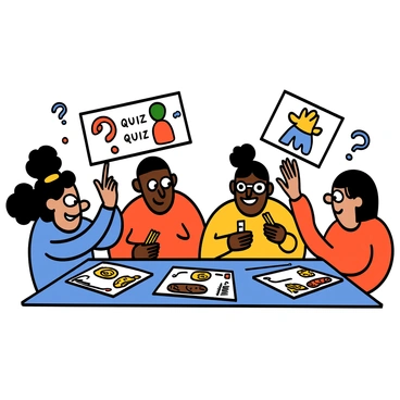 Two teams of diverse individuals are gathered around a large table, engaged in a friendly competition while answering illustrated quiz questions. Each team has distinct uniforms: one team is wearing bright blue shirts, while the other team is dressed in vibrant red shirts. The table is decorated with colorful quiz cards displaying eye-catching illustrations. 

In the foreground, a light-skinned woman with big eyes and curly hair is enthusiastically pointing at a quiz card, while a dark-skinned man with big eyes and short hair next to her is looking at her with a smile. On the opposite side of the table, a medium-skinned man with big eyes and glasses is taking notes, and a light-skinned woman with big eyes and straight hair is raising her hand to answer. The atmosphere is lively and filled with excitement, showcasing teamwork and friendly rivalry.
