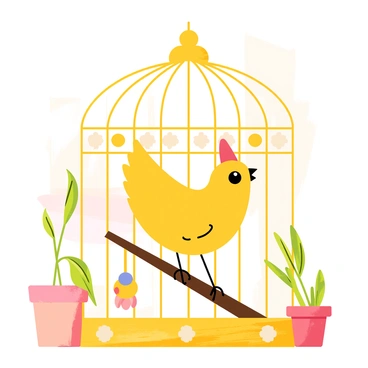 A cheerful canary with bright yellow feathers is perched on a slender wooden branch inside a decorative birdcage. The birdcage features intricate metalwork with floral patterns and a shiny golden finish. The canary has its beak open in mid-song, surrounded by a few colorful toys hanging from the bars. The background shows hints of a cozy room, with a small potted plant nearby and sunlight streaming in through a window, casting gentle shadows.
