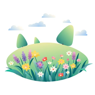A vibrant carpet of wildflowers is spread across a grassy meadow. The wildflowers display an array of colors, including bright yellow, deep purple, and soft pink blooms. The grassy meadow is lush and green, with blades of grass swaying gently in the breeze. In the background, a few trees can be seen standing tall, their leaves shimmering in the sunlight. The sky above is clear with a few fluffy white clouds scattered across it, casting soft shadows on the meadow below.