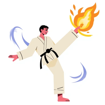 A martial artist in a dynamic pose is performing a high kick. The figure is wearing a traditional martial arts uniform in white, with a black belt tied around the waist. As the foot comes up, a bright orange and yellow fireball effect bursts from the movement, trailing flames and sparks. The background is filled with swirling smoke that enhances the intensity of the action, and the martial artist's expression is focused and determined. The scene captures the energy and power of the kick, with vibrant colors highlighting the fireball's glow.
