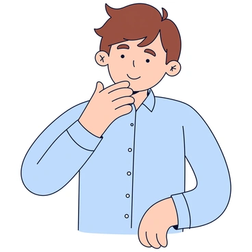 A person with short brown hair is standing and using their right hand to gesture towards their chin. Their expression is focused and engaged as they explain something. The person is wearing a light blue shirt and has a neutral background. The left hand is resting comfortably at their side.