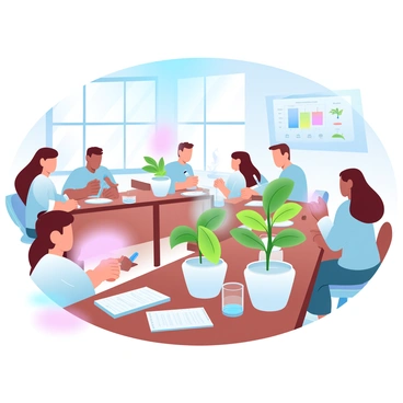 A classroom filled with wooden tables and chairs, where students are conducting a science experiment. On one table, there are several potted plants with vibrant green leaves, showing varying shades of green. One of the plants is covered partially with a transparent plastic sheet to block light. Beside the plants, there are glass beakers filled with water, labeled with clear markers. Students are observing the plants carefully, taking notes in notebooks, and using measuring instruments. A chart displaying light spectrum effects on plant growth is visible on the wall behind them. Sunlight streams in through the windows, creating a warm glow in the room.