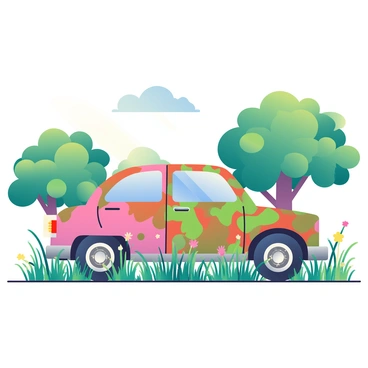 A rusty, moss-covered car is positioned in the center of an overgrown field. The car's paint is peeling, revealing patches of metal underneath, and the windows are clouded with dirt and grime. Surrounding the vehicle are tall grasses and wildflowers, creating a vibrant contrast against the weathered metal. In the background, there are scattered trees with thick foliage, and the sky above is a soft blue with wispy clouds. Sunlight filters through the leaves, casting gentle shadows on the ground.